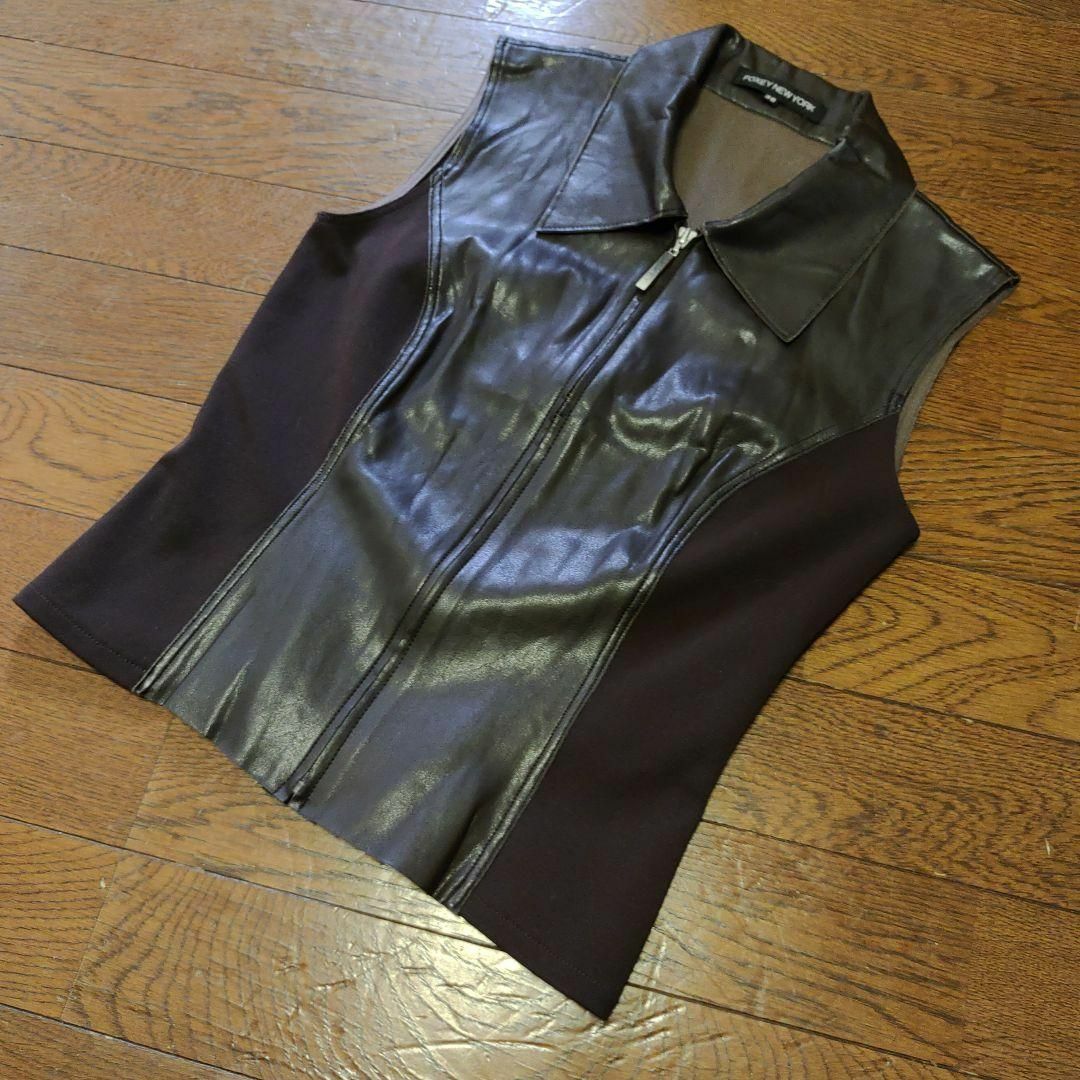 1538超美品 フォクシーニューヨーク 38 レザージャケット ノースリーブ-