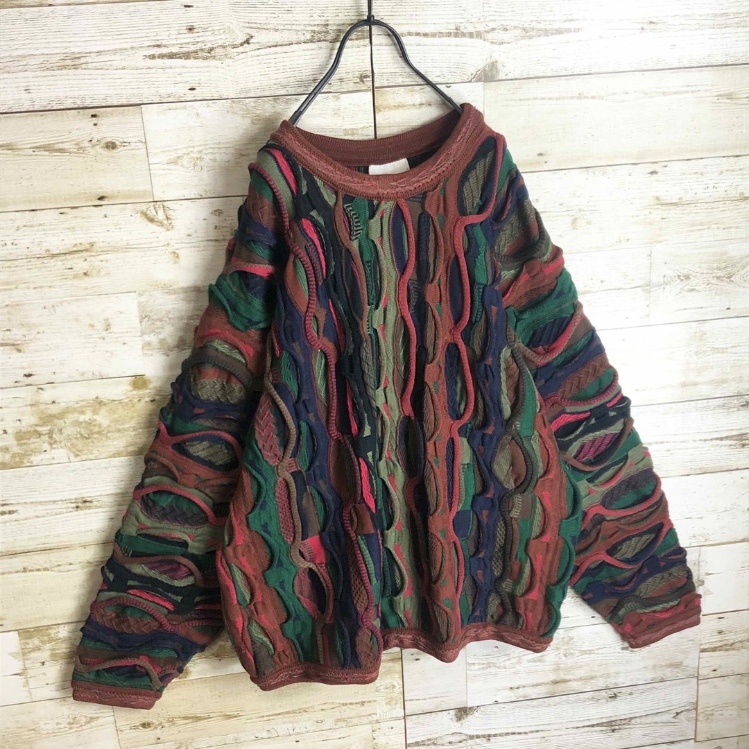 【美品】クージー COOGI 総柄 3D 立体編み込み グリーン ピンク M