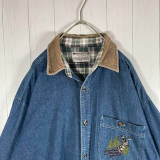 S古着]ビンテージ 長袖 デニムシャツ 刺繍 コーデュロイ チェック 鹿