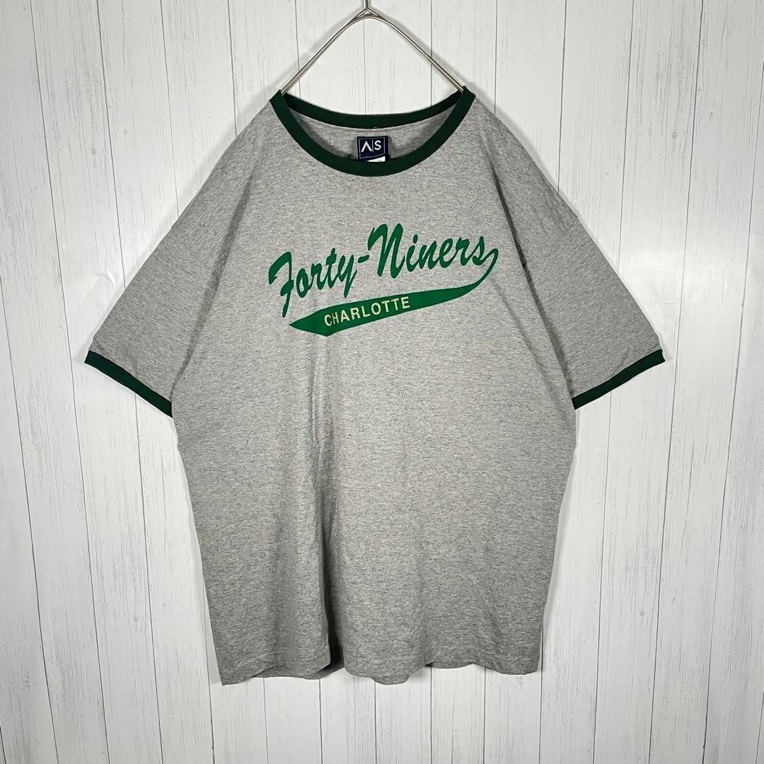 ビンテージ 半袖 リンガーTシャツ プリントロゴ 良配色 グレー 緑