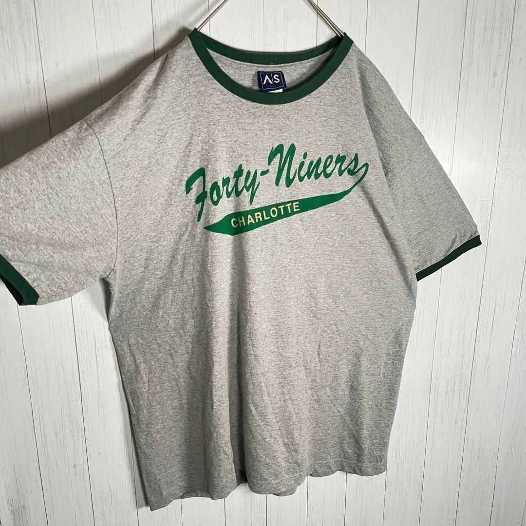 ビンテージ 半袖 リンガーTシャツ プリントロゴ 良配色 グレー 緑