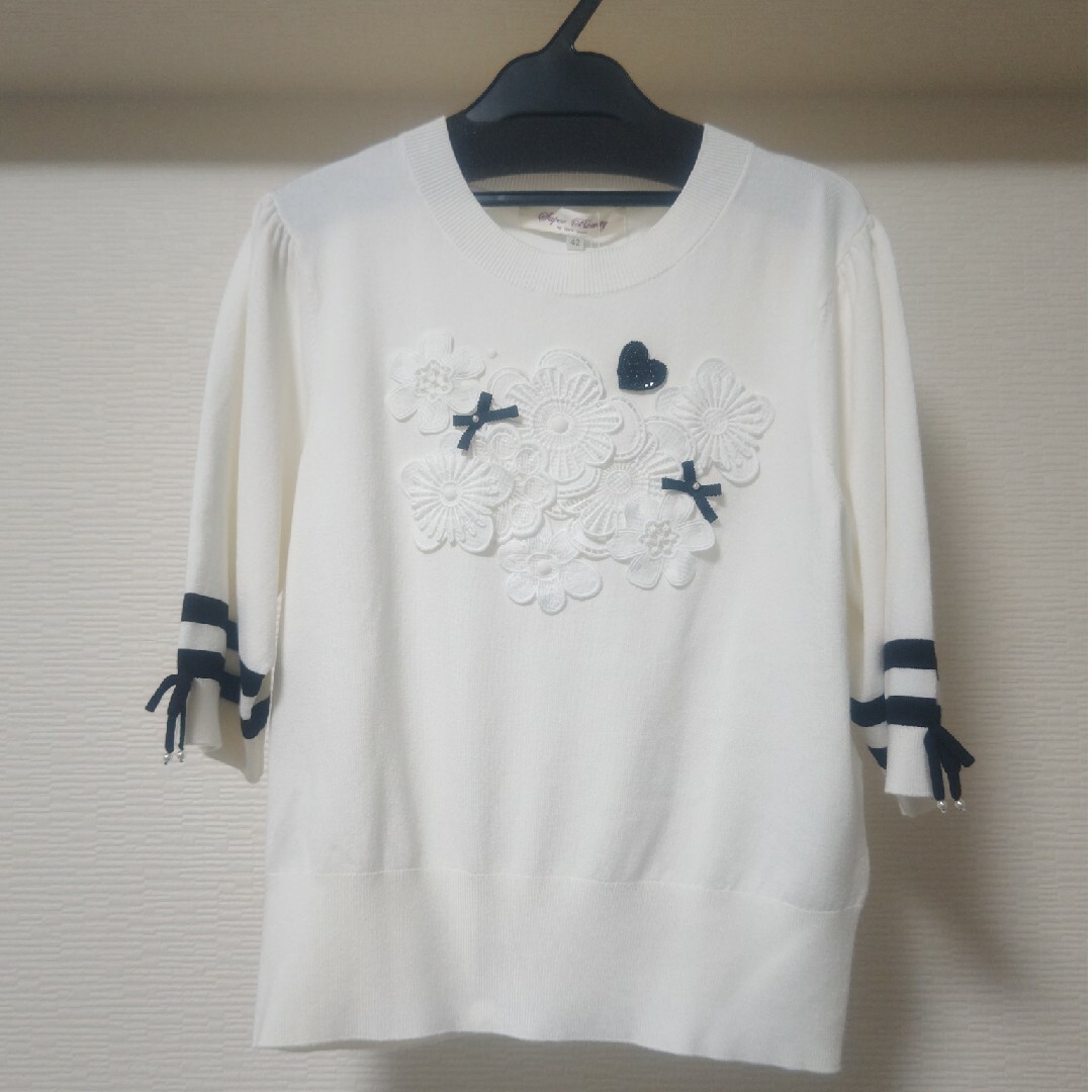 SuperBeauty☆胸元レース花モチーフ付5分袖セーター Size42