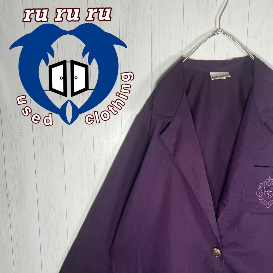 ビンテージ　テーラードジャケット　ワンポイント刺繍　金ボタン　USA　紫
