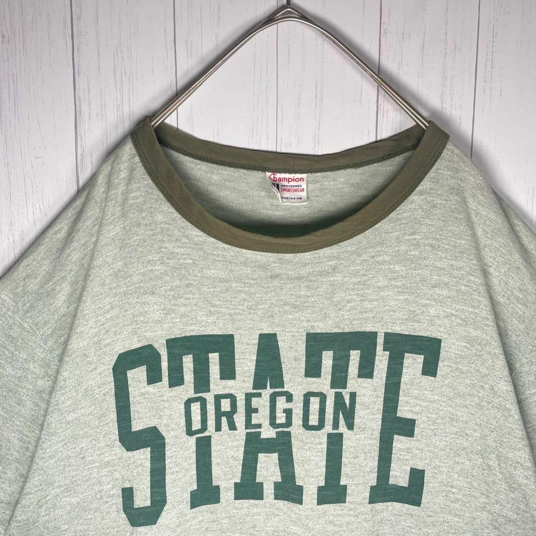 ビンテージ 半袖 リンガーTシャツ プリントロゴ 良配色 グレー 緑