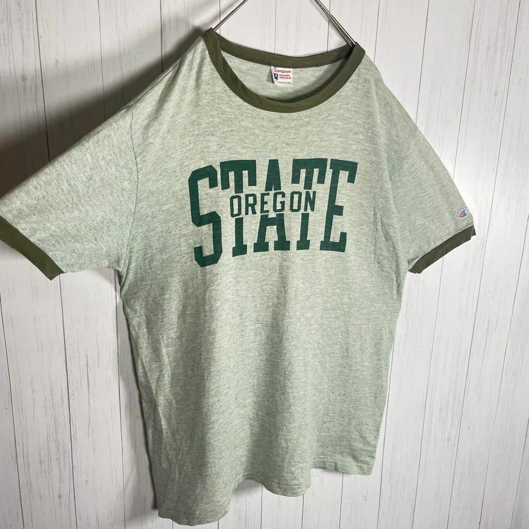 ビンテージ 半袖 リンガーTシャツ プリントロゴ 良配色 グレー 緑