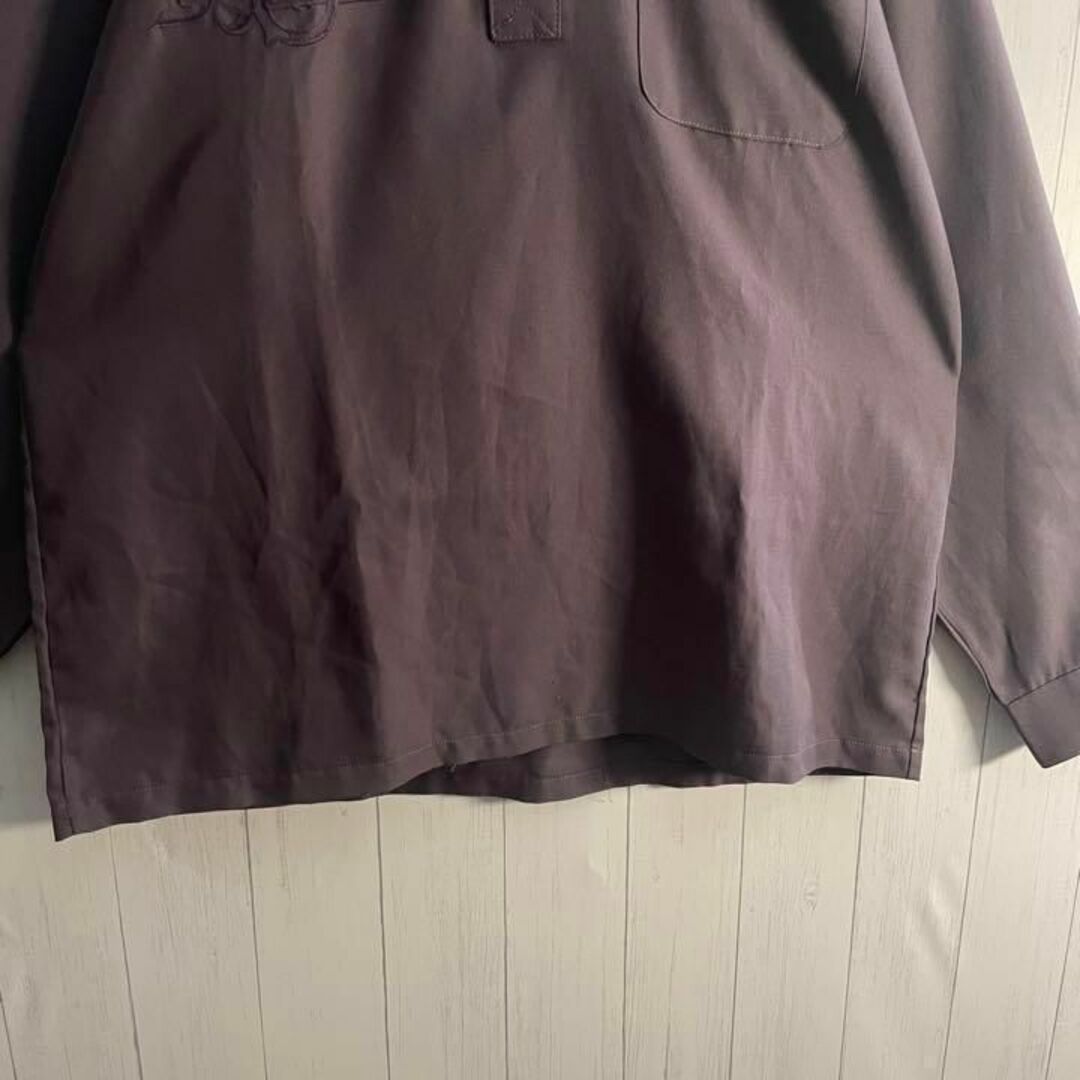 [古着]ビンテージ　長袖　シャツ　ハーフボタン　ワンポイント刺繍　レトロ　紫