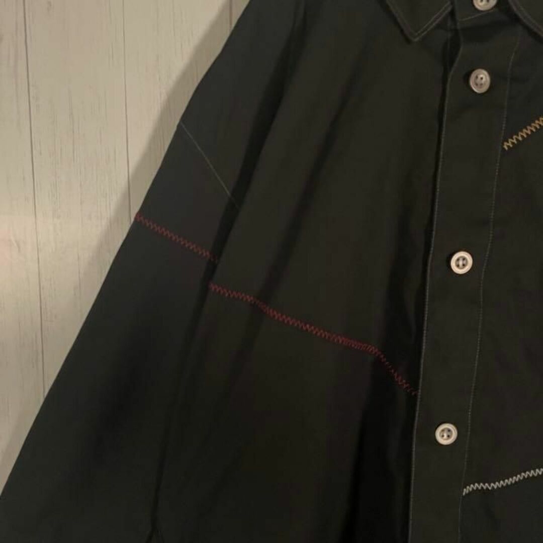 ビンテージ　長袖　シャツ　ワンポイント刺繍　ステッチデザイン　黒　レトロ
