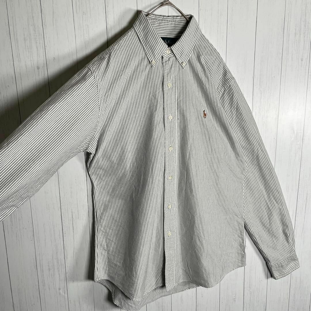 ラルフローレン　長袖　BDシャツ　刺繍　ストライプ　ポニー　グレー　白 5