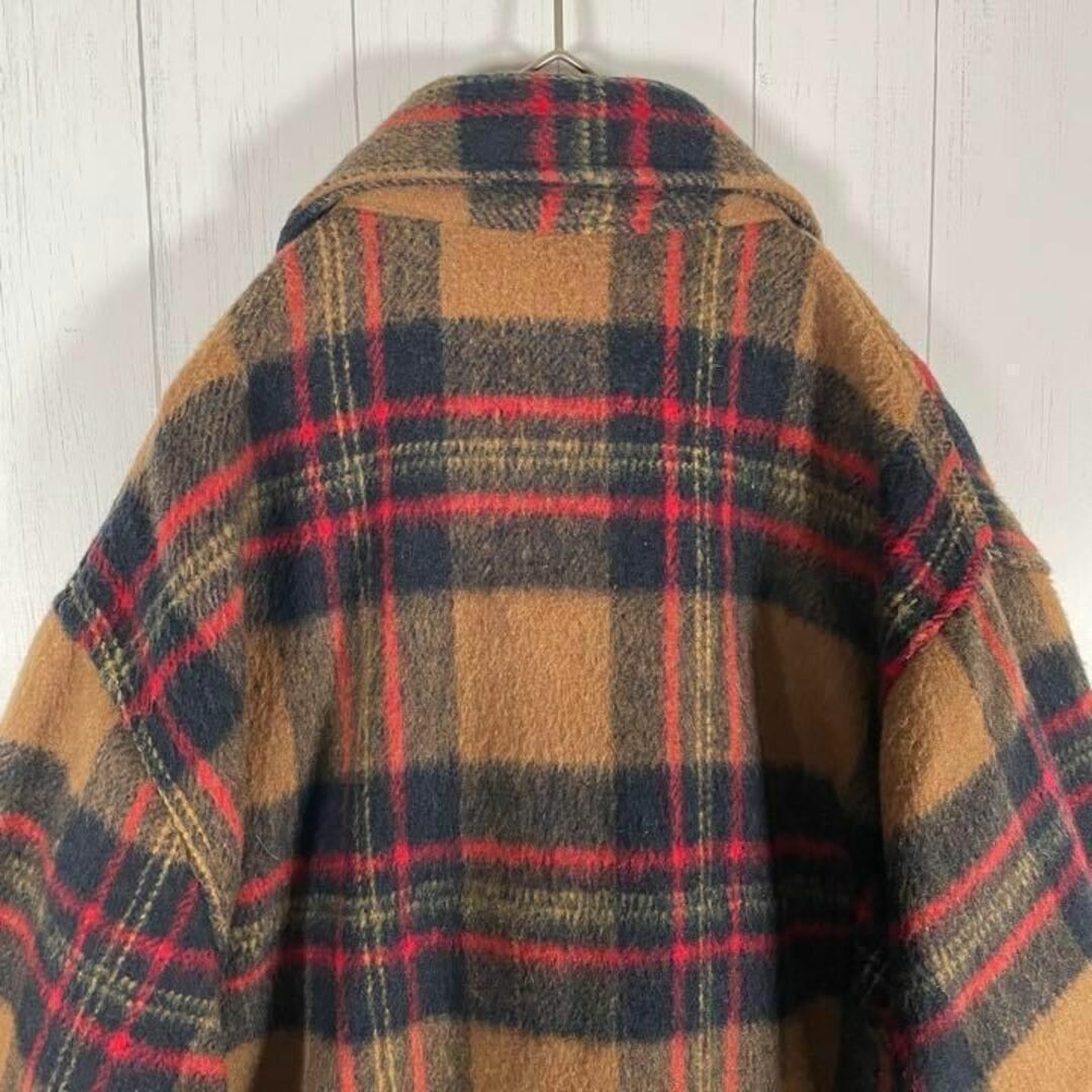 ビンテージ　シャツジャケット　タータンチェック　ブラウン　赤　黒　レトロ