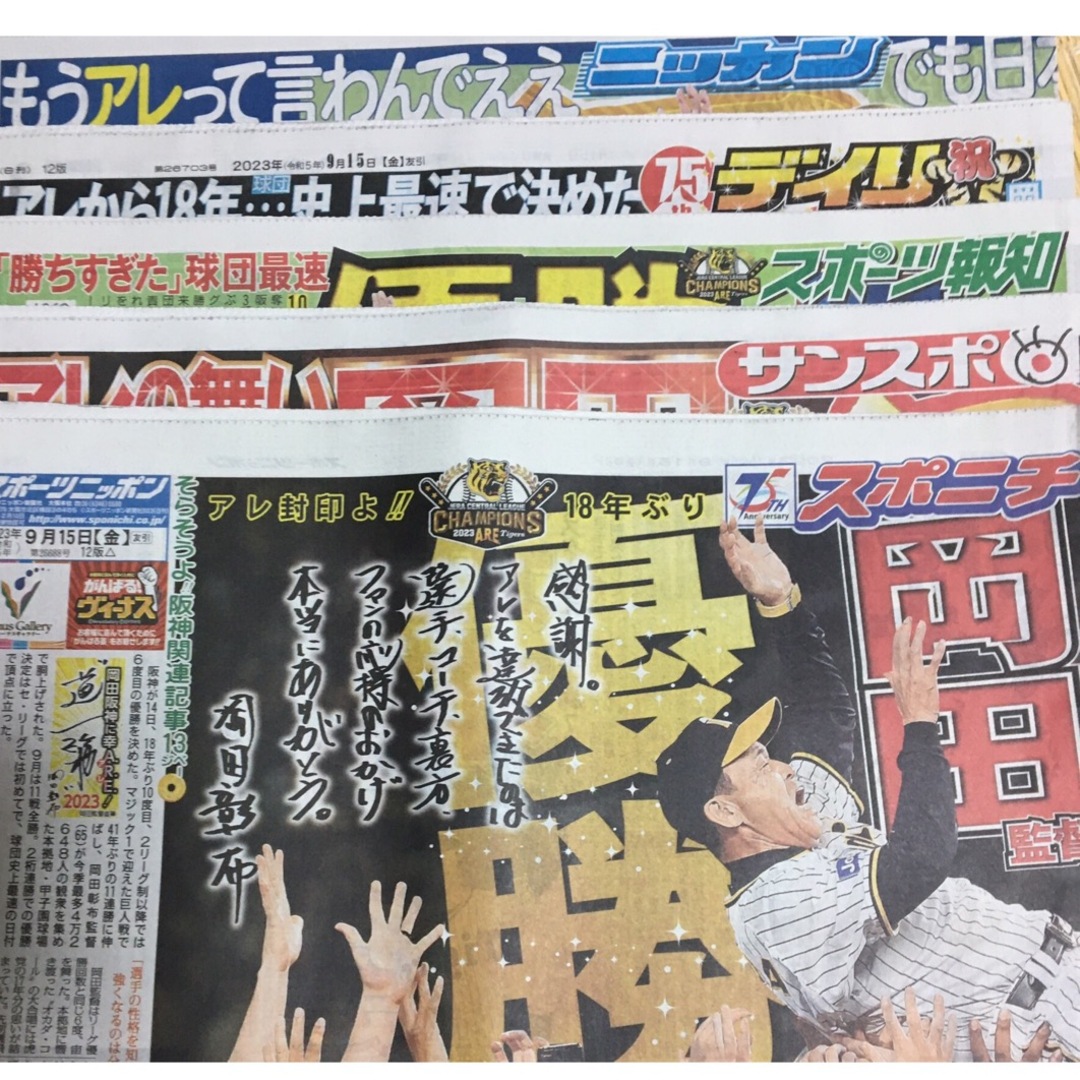阪神タイガース！ 永久保存版　2023年9月15日 スポーツ新聞5紙セット