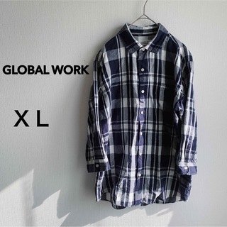 グローバルワーク(GLOBAL WORK)の美品 1回着用 GLOBALWORK リネンシャツ 7分袖 チェック柄 NAVY(Tシャツ/カットソー(七分/長袖))