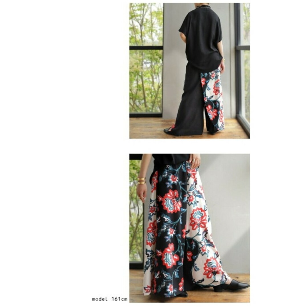 antiqCafe ワイドパンツ 2WAY ロング 花柄 オリエンタル柄 レーヨ 3