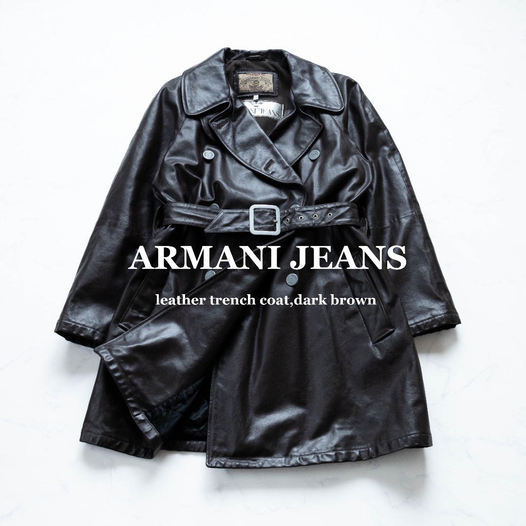 【ARMANI JEANS】レザートレンチコート　キルティング　ダークブラウン