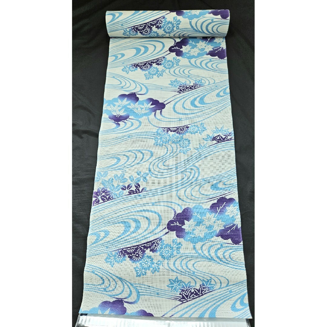 新品  浴衣反物 綿絽地　流水花柄　白オフ　 巾40cm　日本製　教材用