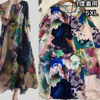 ●軽量サラトロ【5XL】大ぶりペイント花柄総柄ロングワンピース*個性的(ロングワンピース/マキシワンピース)