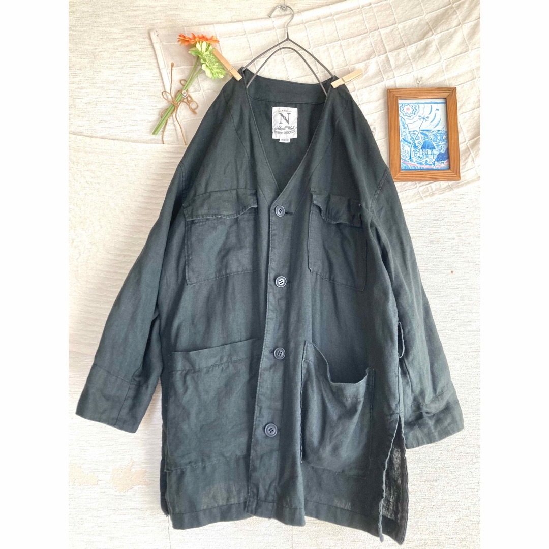 【ブラック】リネンノーカラーワークジャケット