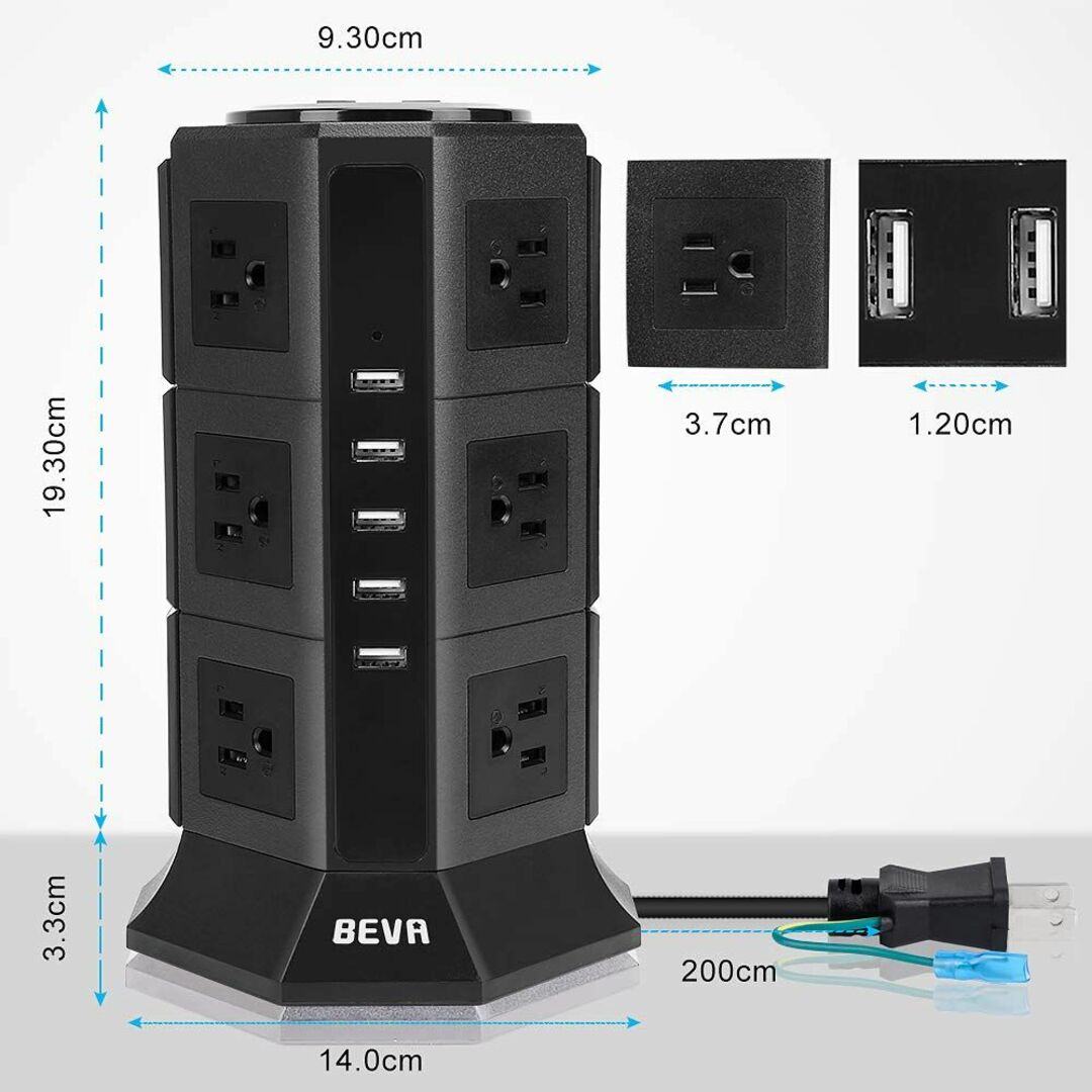 【新着商品】タワー式電源タップBEVA 3層縦コンセント 12AC充電口（100 1