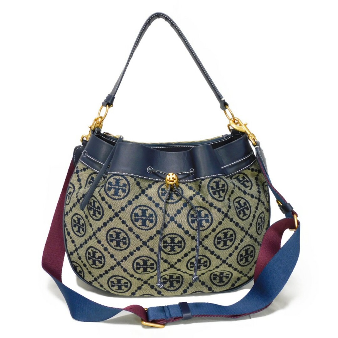 Tory Burch トリーバーチ Tモノグラム ジャカード 巾着 バッグ ドローストリング クロスボディ 2WAY ダブルT ロゴ ネイビー ショルダーバッグ 80506