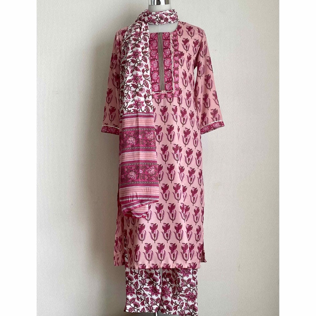 ブロックプリント インド綿 クルタ ストレート インド民族衣装 ピンク
