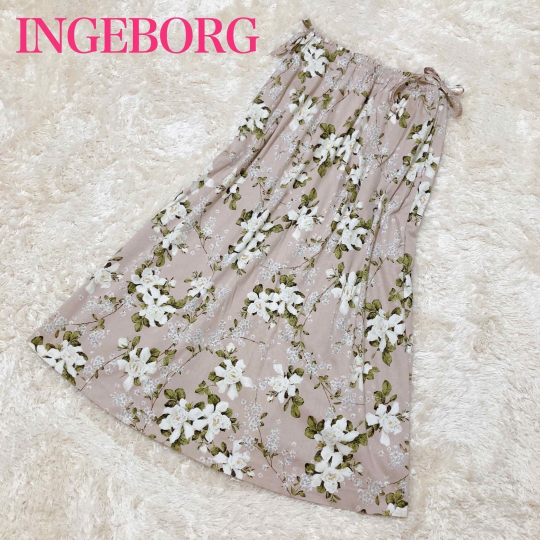 INGEBORG - INGEBORG サイドリボン付き花柄ロングスカート ピンク