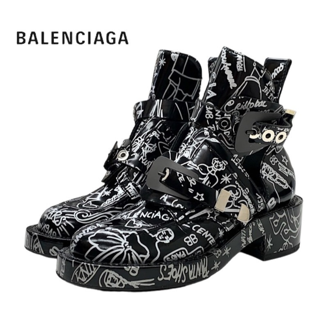 バレンシアガ BALENCIAGA ブーツ ショートブーツ 靴 シューズ ペイント ベルト レザー ブラック ホワイト6695