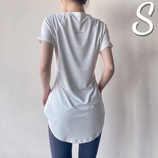 ホワイトSサイズ 体型カバーロング半袖トップス ヨガウェア Tシャツ ピラティス(Tシャツ(半袖/袖なし))