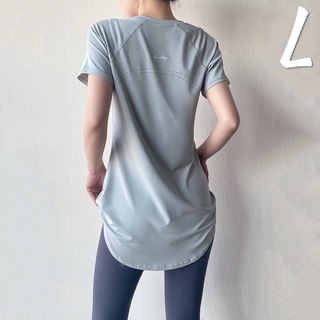 ブルーLサイズ 体型カバーロング半袖トップス ヨガウェア Tシャツ ピラティス(Tシャツ(半袖/袖なし))