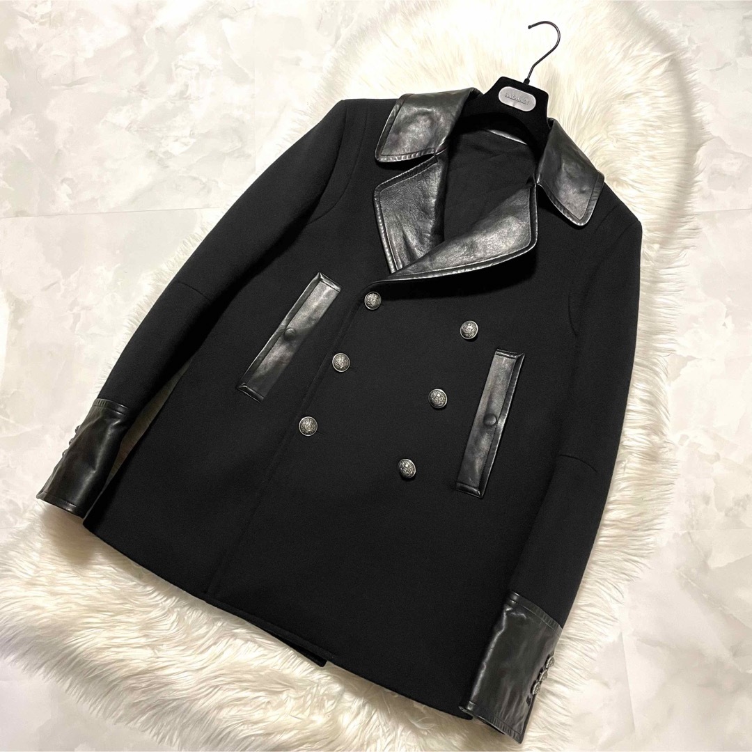BALMAIN 本物 最高級ライン バルマンオム レザー切替 Pコート