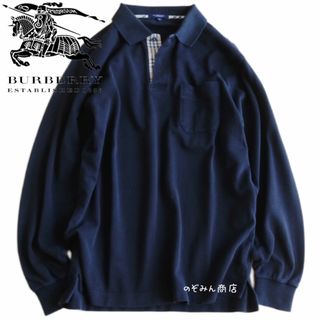 バーバリー(BURBERRY)の【BURBERRY】長袖ポロシャツ　ノバチェック　ロゴ　黒　L 日本製★(ポロシャツ)