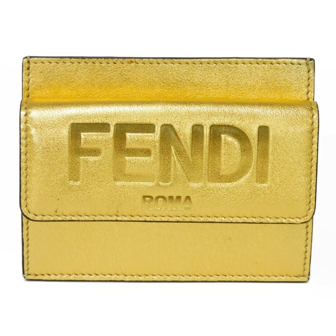 FENDIROMA フェンディ ROMA カードケース ラミネート カーフ スナップボタン コンパクトウォレット ロゴ ゴールド コインケース 8M0423 AK61