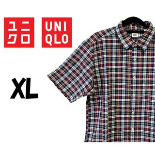 ユニクロ(UNIQLO)のユニクロ　チェック柄半袖シャツ　ブルー/パープル　XL　K00291(シャツ)