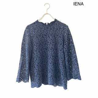 2018AW IENA フラワーレースクルーネックブラウス ネイビー