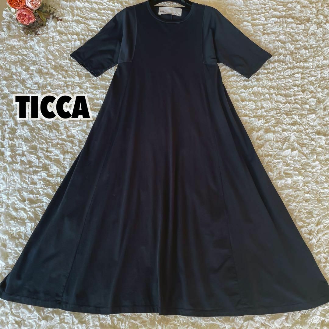 TICCA　ティッカ　半袖　切替　Tシャツ　ロングワンピース 　コットンネイビー