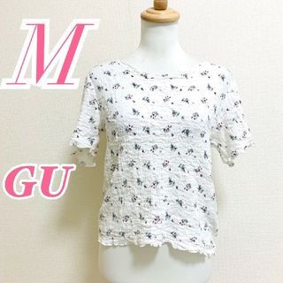 ジーユー(GU)のGU gu ジーユー　半袖カットソー　M　花柄　しわ加工　ホワイト　グリーン(Tシャツ(半袖/袖なし))