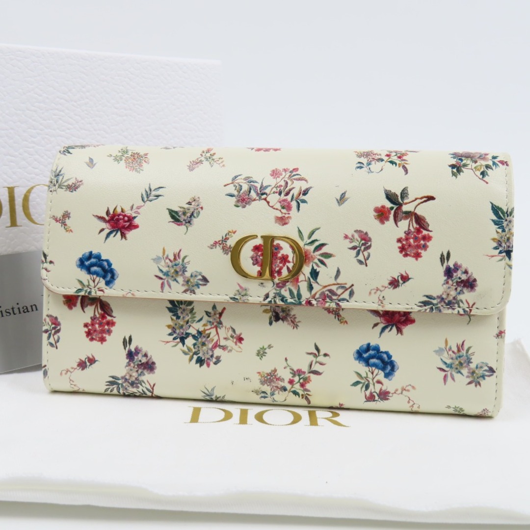 美品 Christian Dior クリスチャンディオール カロ フラワープリント 花  長財布 レザー アイボリー