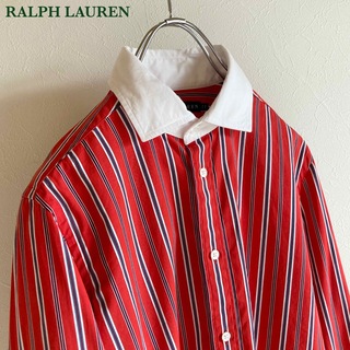 ラルフローレン ストライプ クレリック カフス釦 シャツ 11 赤 レッド