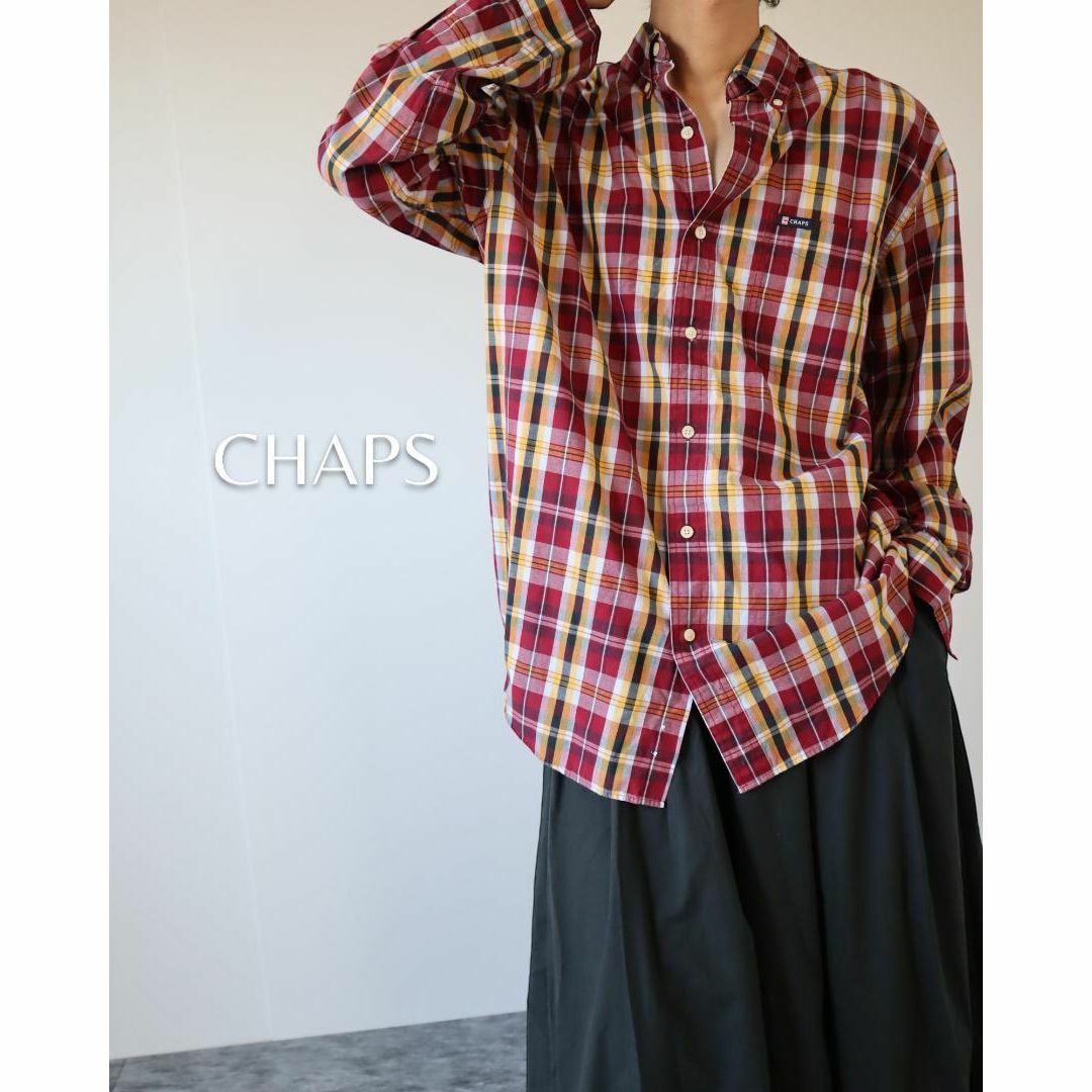 【CHAPS】ロゴ 赤系 チェック柄 ボタンダウン 長袖シャツ チャップス L