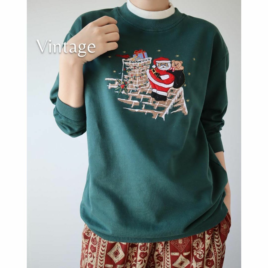 【vintage】刺繍 デザイン サンタ フェイク レイヤード スウェット 緑