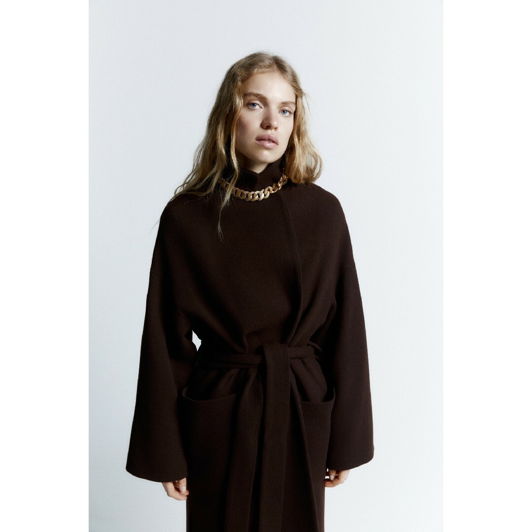 ZARA(ザラ)のZARA　ベルト付きウールコート　Sサイズ　ブラウン レディースのジャケット/アウター(ロングコート)の商品写真