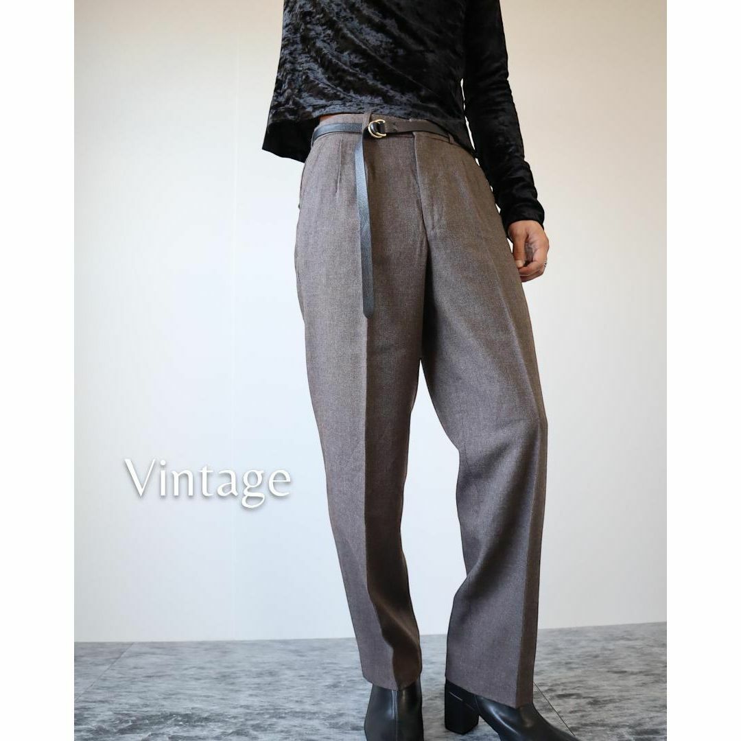 ART VINTAGE(アートヴィンテージ)の【vintage】2タック ワイド テーパード スラックス レトロ 茶 W30 メンズのパンツ(スラックス)の商品写真