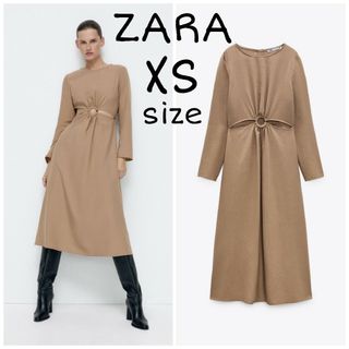 ザラ(ZARA)のZARA　オープンカットバックルワンピース　XSサイズ　ベージュ(ひざ丈ワンピース)