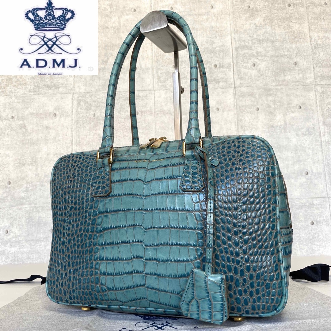 未使用級】A.D.M.J クロコ型押し サックスブルー スクエアボストンバッグ-