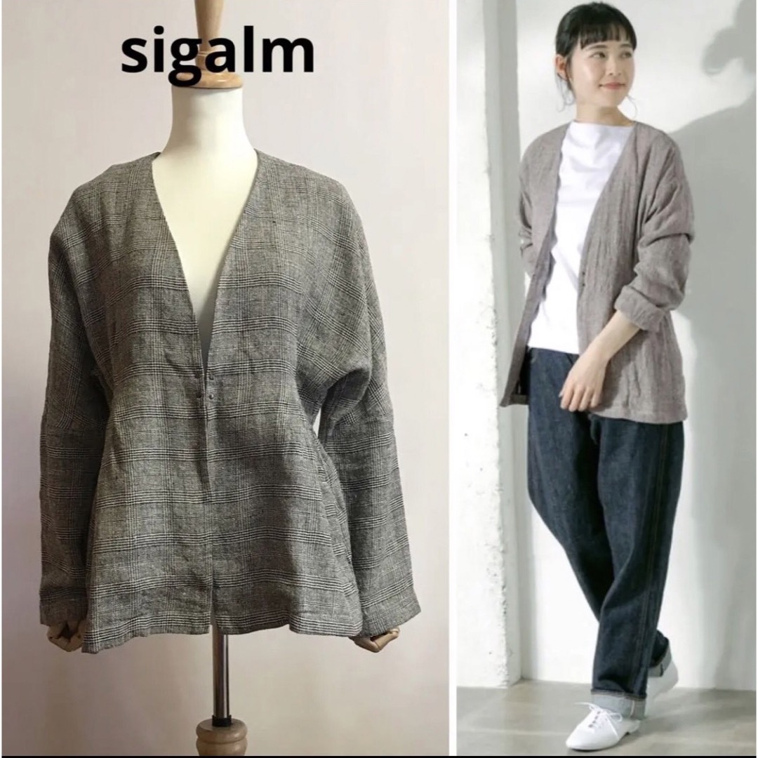 かぐれ sigalm リネンシルク素材 グレンチェックジャケット白×黒グレンチェックサイズ
