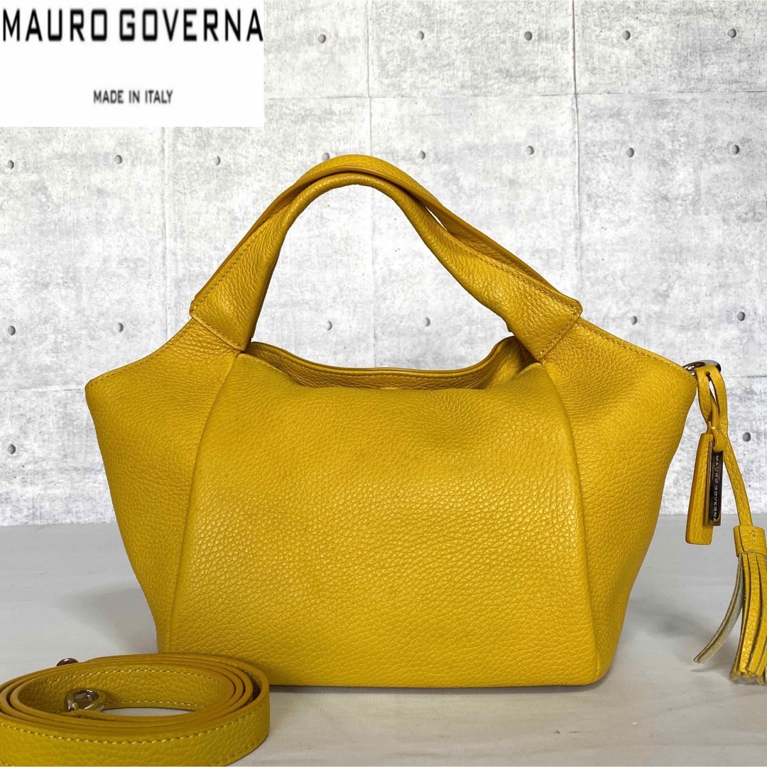 良品】MAURO GOVERNA トリヨンレザー イエロー2WAYハンドバッグ-