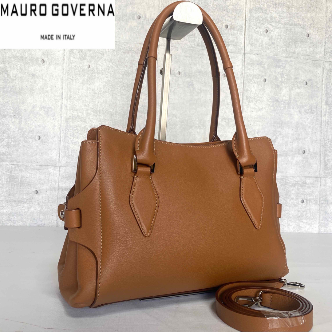 【美品】MAURO GOVERNA キャメルブラウン レザー2WAYハンドバッグ