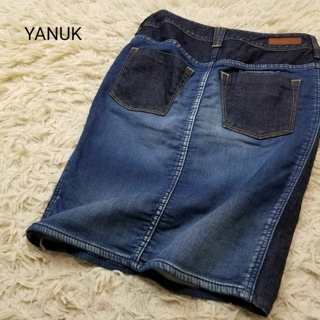 YANUK(ヤヌーク)の美品ヤヌーク異素材ユーズド加工デニム+スウェットコンビタイトスカートS濃紺 レディースのスカート(ひざ丈スカート)の商品写真