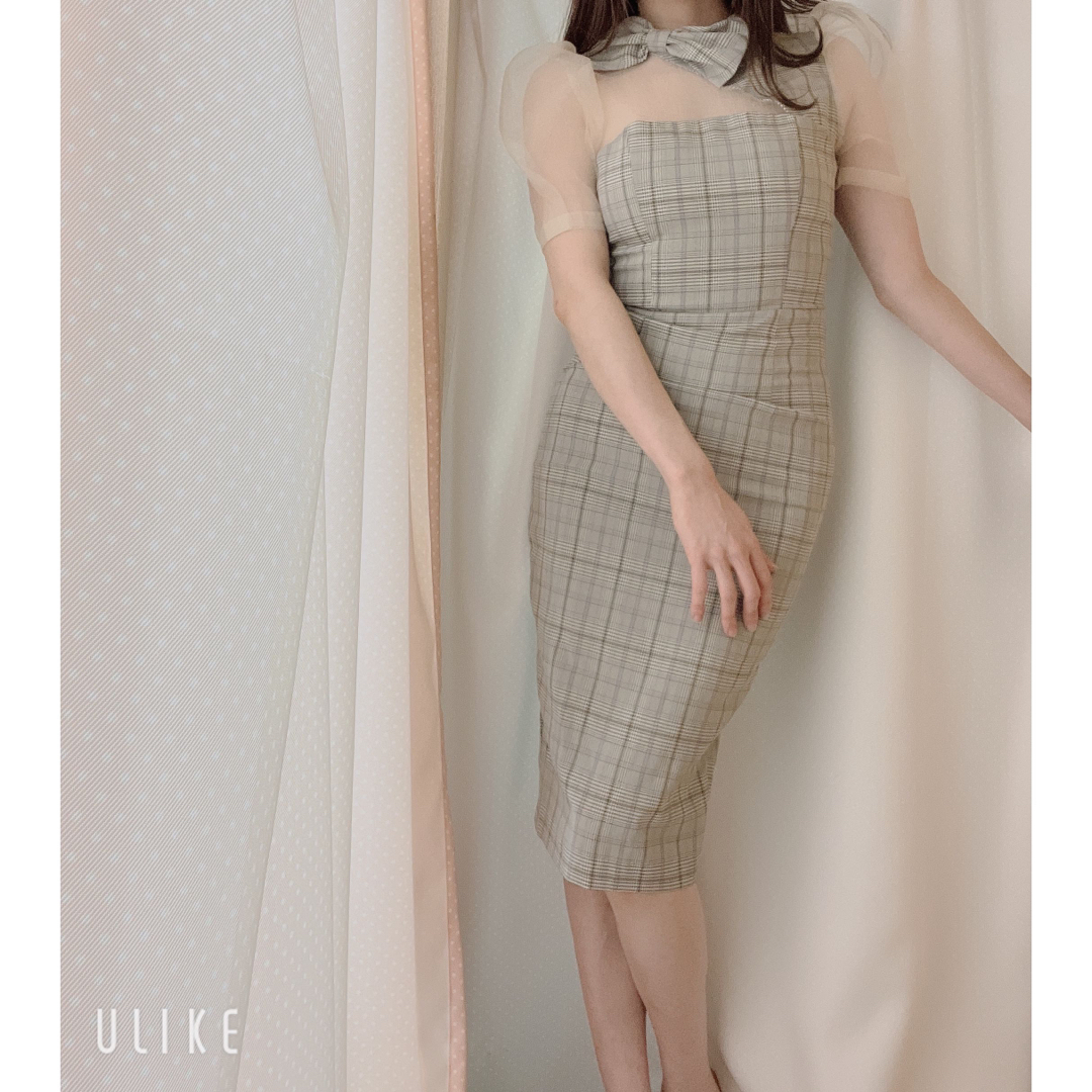 dazzy store(デイジーストア)の高級美ライン韓国ドレス＊ネックリボン×パフスリーブミディドレス レディースのフォーマル/ドレス(ナイトドレス)の商品写真