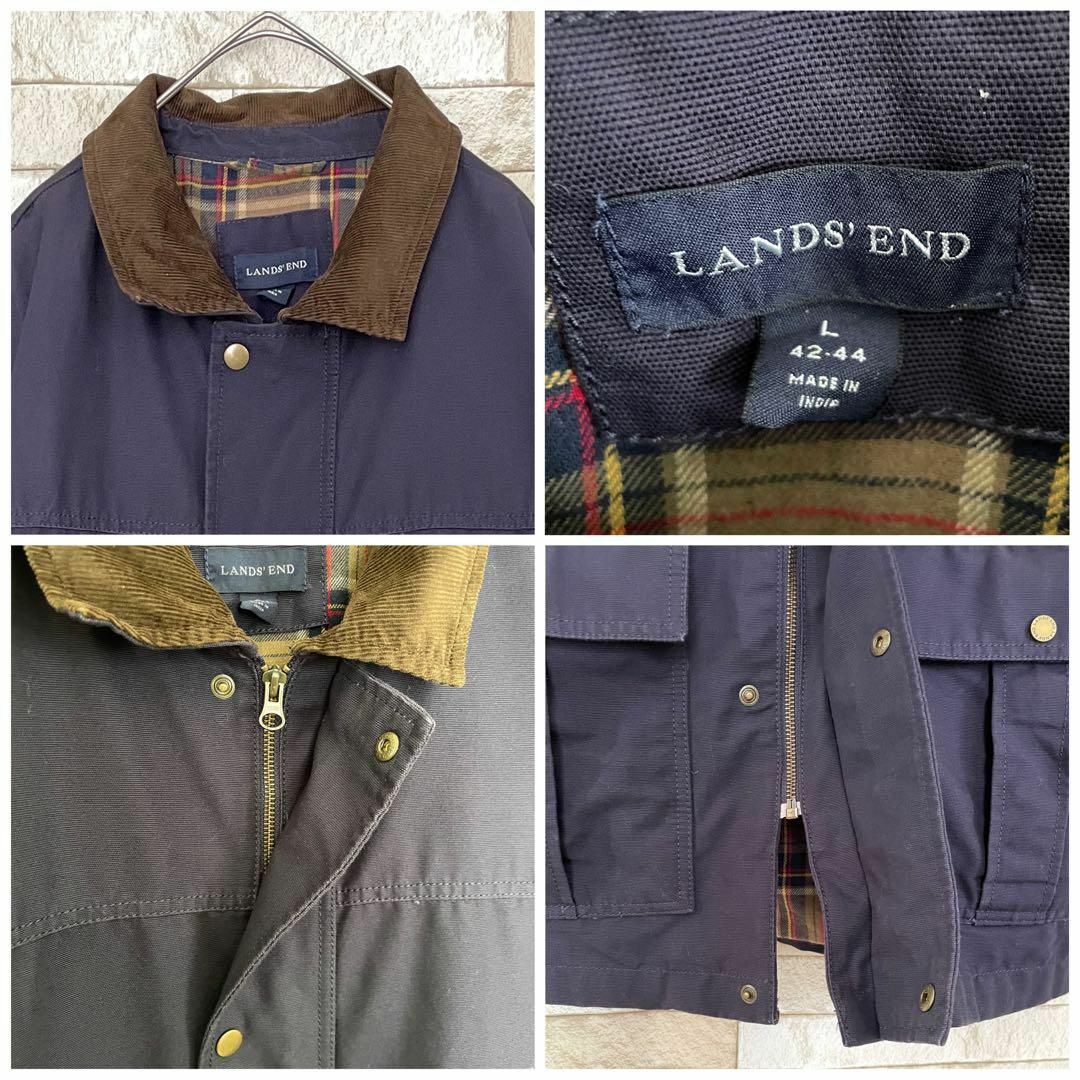 LANDS'END ハンティングジャケット 襟袖内コーデュロイ ダック地 紺-