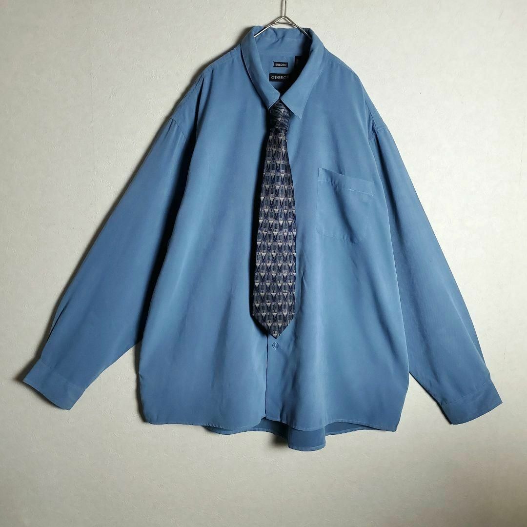 【ネクタイシャツ ブルー 水色 長袖 レトロ 柄ネクタイ ビンテージ 】