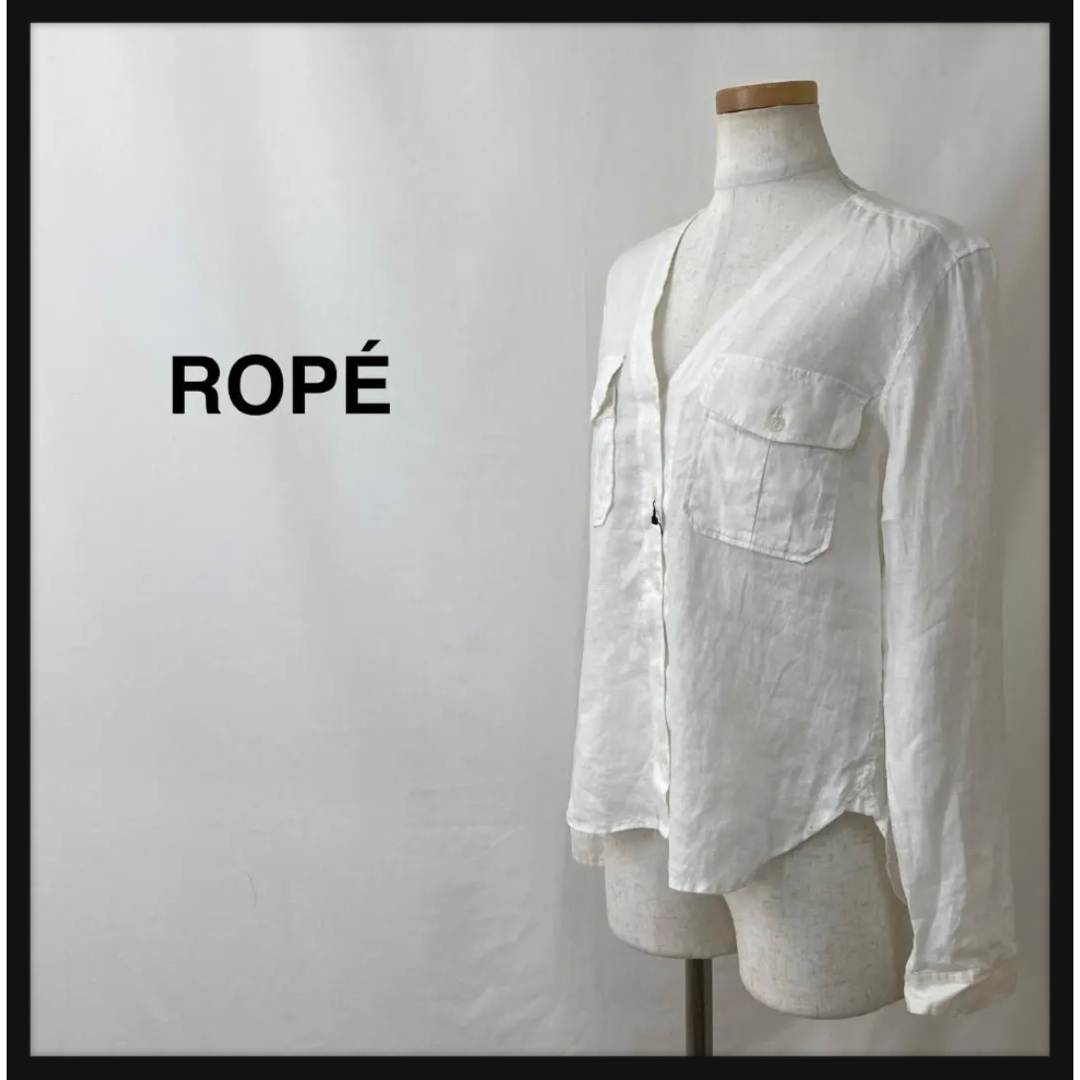 ROPÉ ロペ リネンVネックシャツ　ノーカラー　ジャケット　Sサイズ　白色